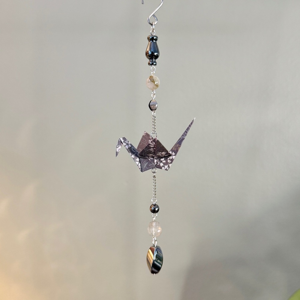 Origami Ornament #2405 - Small Crane with Hematite Beads